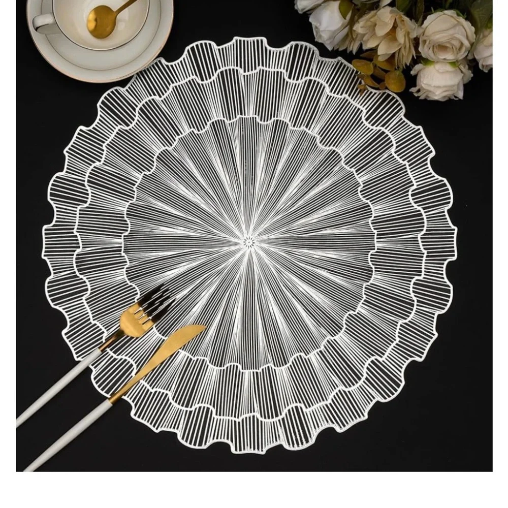 Silver Placemats Set of 6 Round 15 inch Table Mats Vinyl Pressed Waterproof - Picture 5 of 6